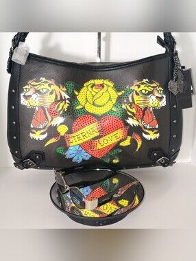 Ed Hardy Rhinestone Detailing Black Vegan Shoulder Hobo Bag w/matching sunglasse